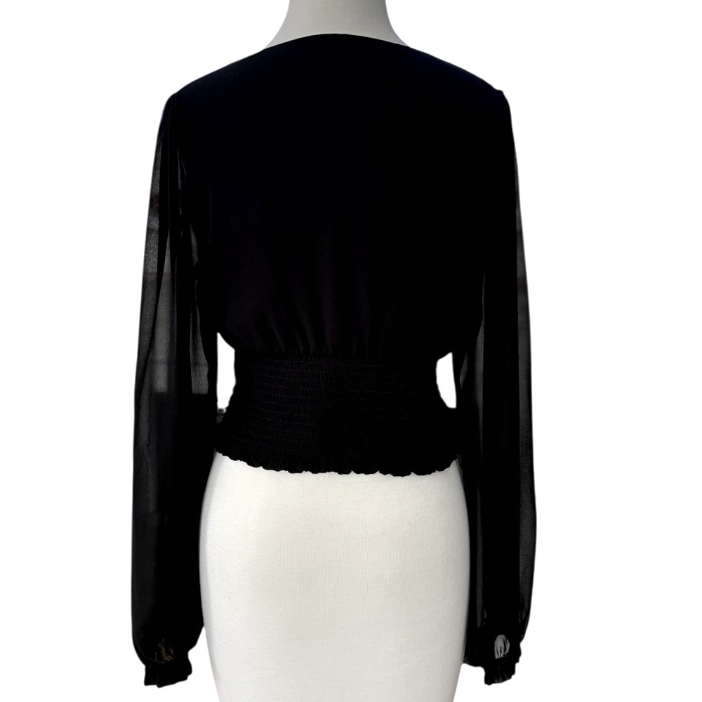 Wilfred Wistful Blouse Black Sheer Long Sleeves Smocked Surplice Size Medium EUC - Picture 9 of 10
